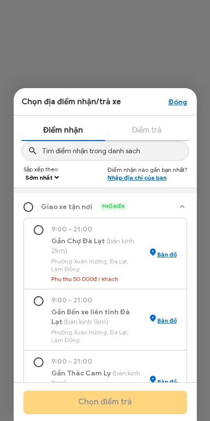 Preview: Chọn điểm nhận và trả xe